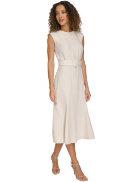 Calvin Klein Cream Sleeveless Belted Midi Dress